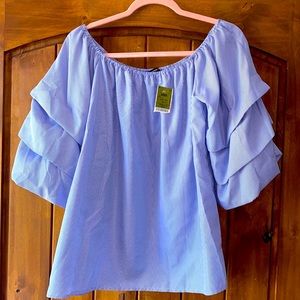 This is a blue and white pin striped shirt with ruffle sleeves.